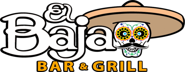 el_baja_logo_website Logo of "El Baja Bar & Grill" restaurant featuring stylized text with a colorful Mexican sugar skull wearing a sombrero and a mustache on a green background.