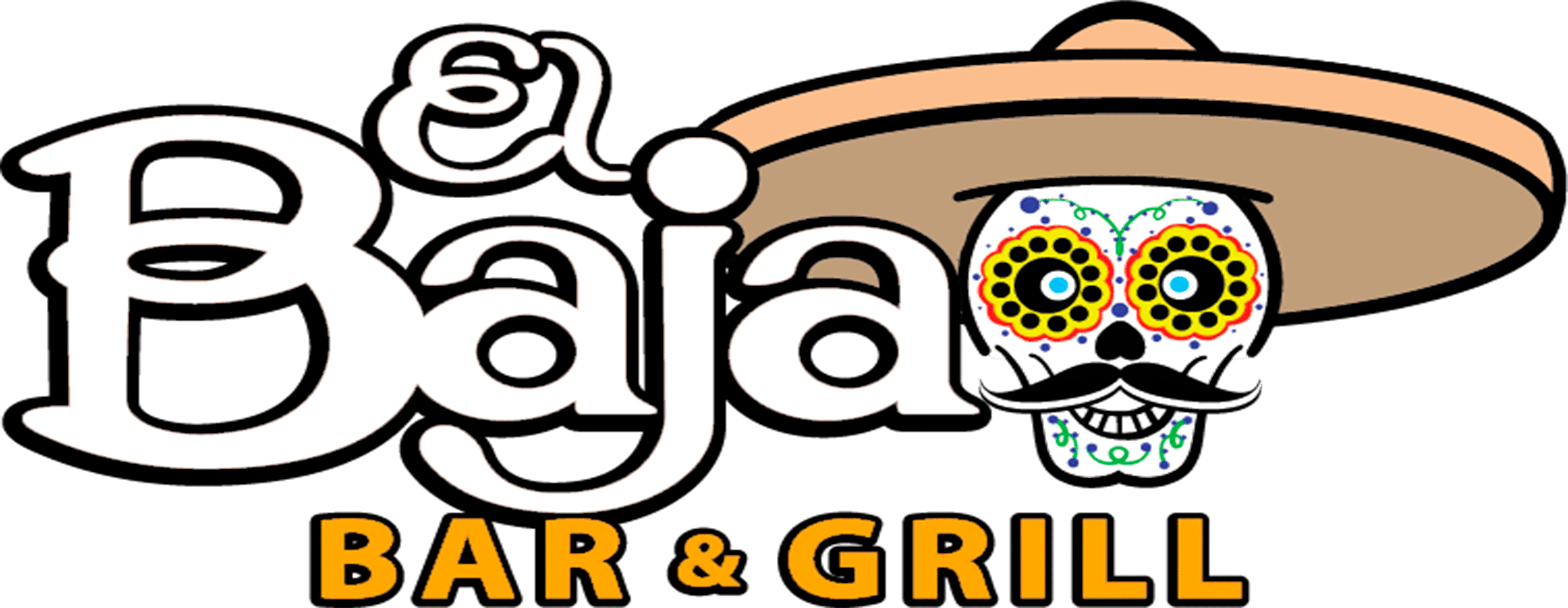 Logo of "El Baja Bar & Grill" restaurant featuring stylized text with a colorful Mexican sugar skull wearing a sombrero and a mustache on a green background.