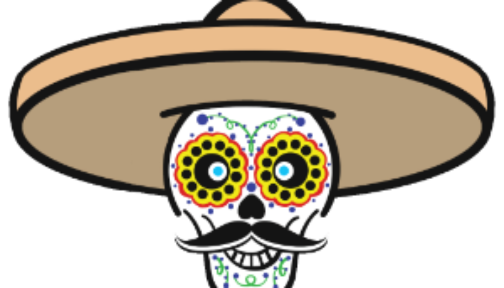 el_baja_logo_career Illustration of a colorful skull with a black mustache and smiling expression, featuring vibrant floral and swirl patterns. The skull wears a wide-brimmed sombrero hat in beige and brown tones, reflecting a festive, cultural theme.