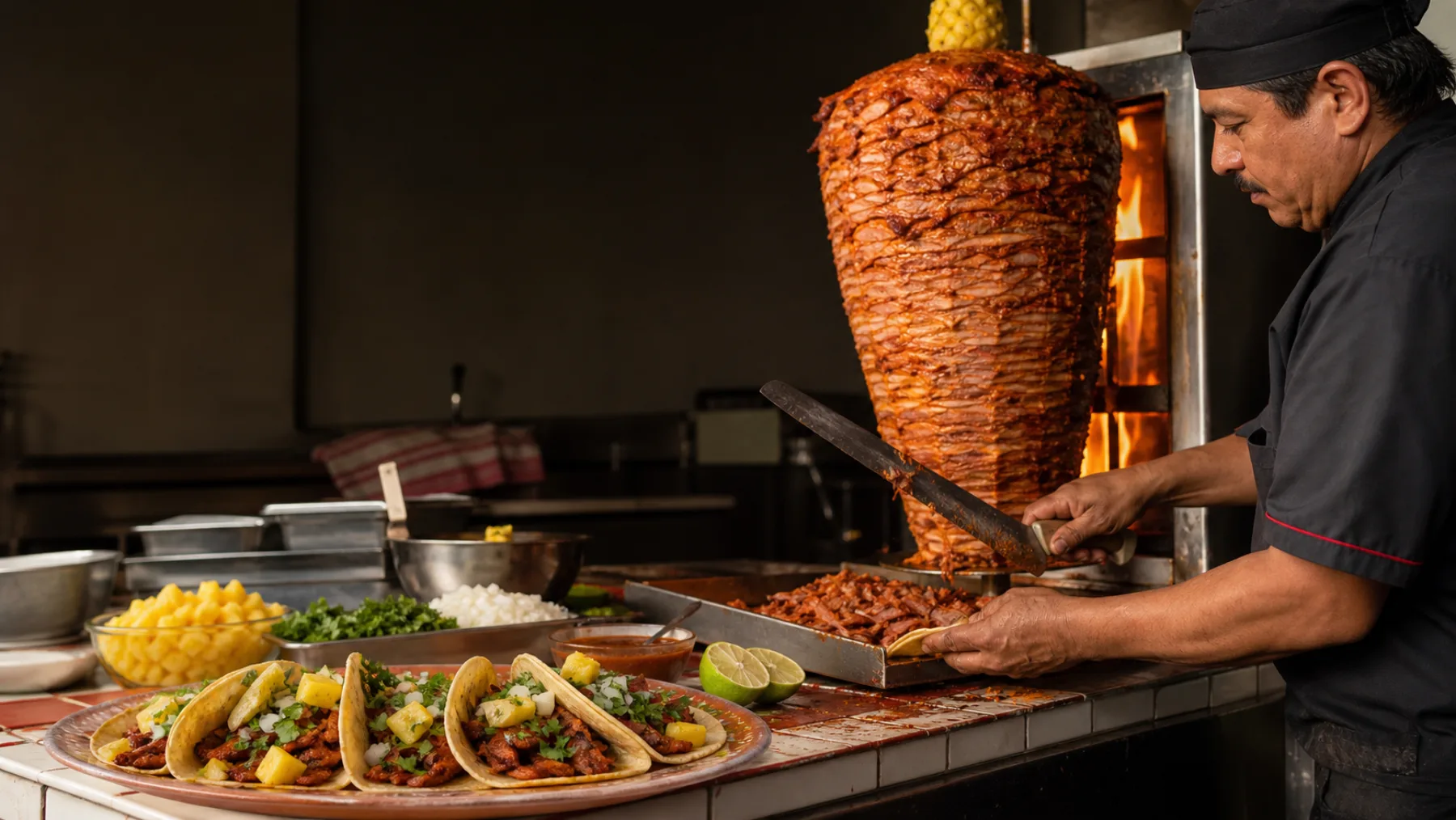 Taquero slicing al pastor for tacos at El Baja